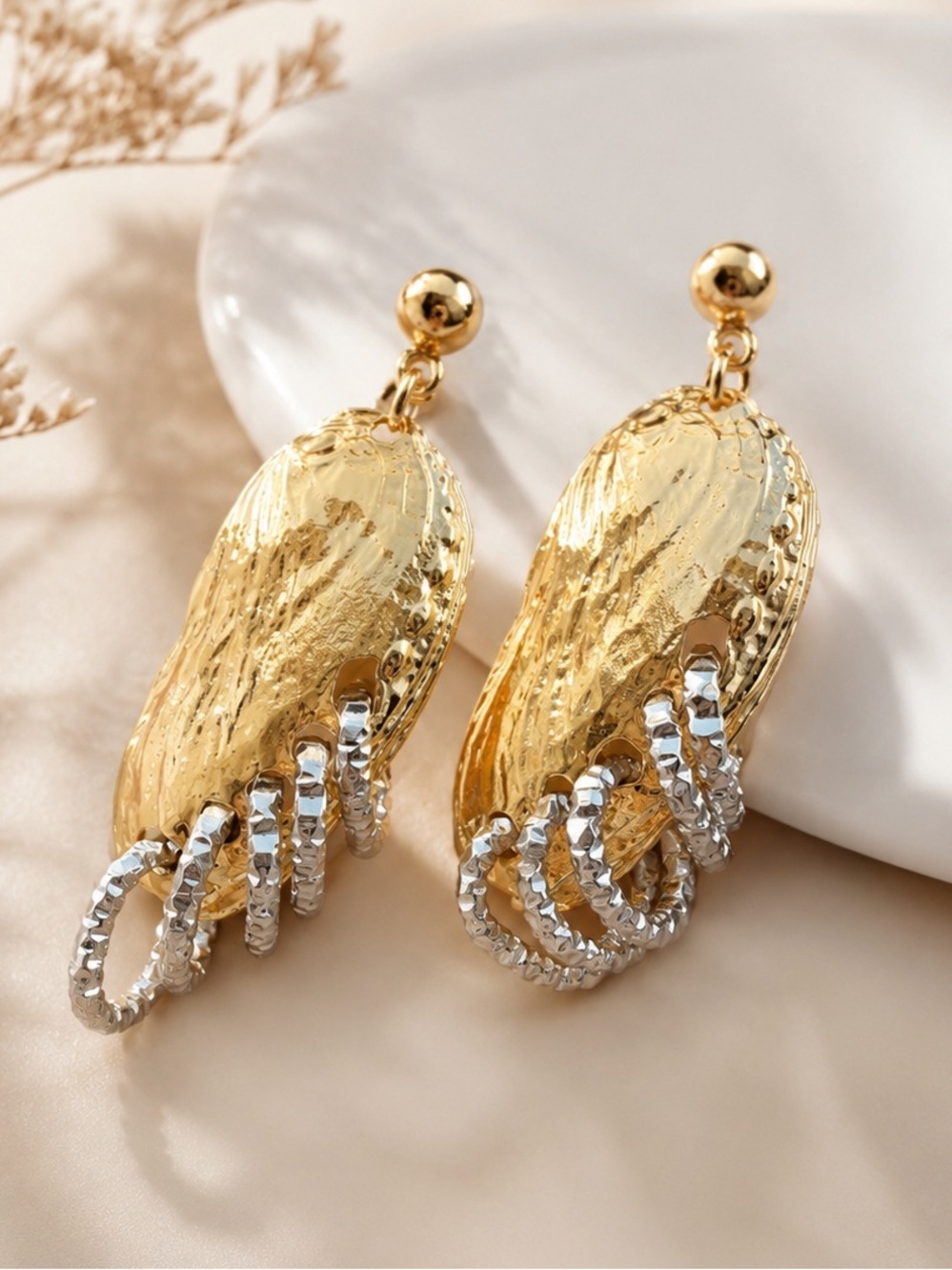 Gold and Silver Mixed-Metal Textured Drop Earrings